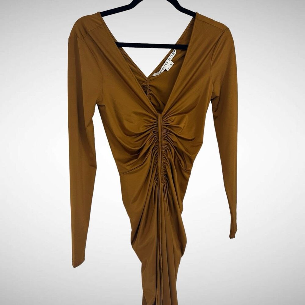 Veronica Beard Gilbert Antique Gold Jersey Long Sleeve Ruched Midi Dress Size 00 - Picture 3 of 10
